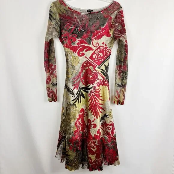 Komarov | Dresses | Komarov Red And Gold Chiffon 34 Sleeve Asymmetrical  Hemline Midi Dress M | Poshmark